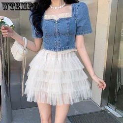 WTEMPO Short Sleeve Square Neck 2 Pieces Denim Dress Patchwork Skirts for Women Cute Girl Spliced Jean Dresses