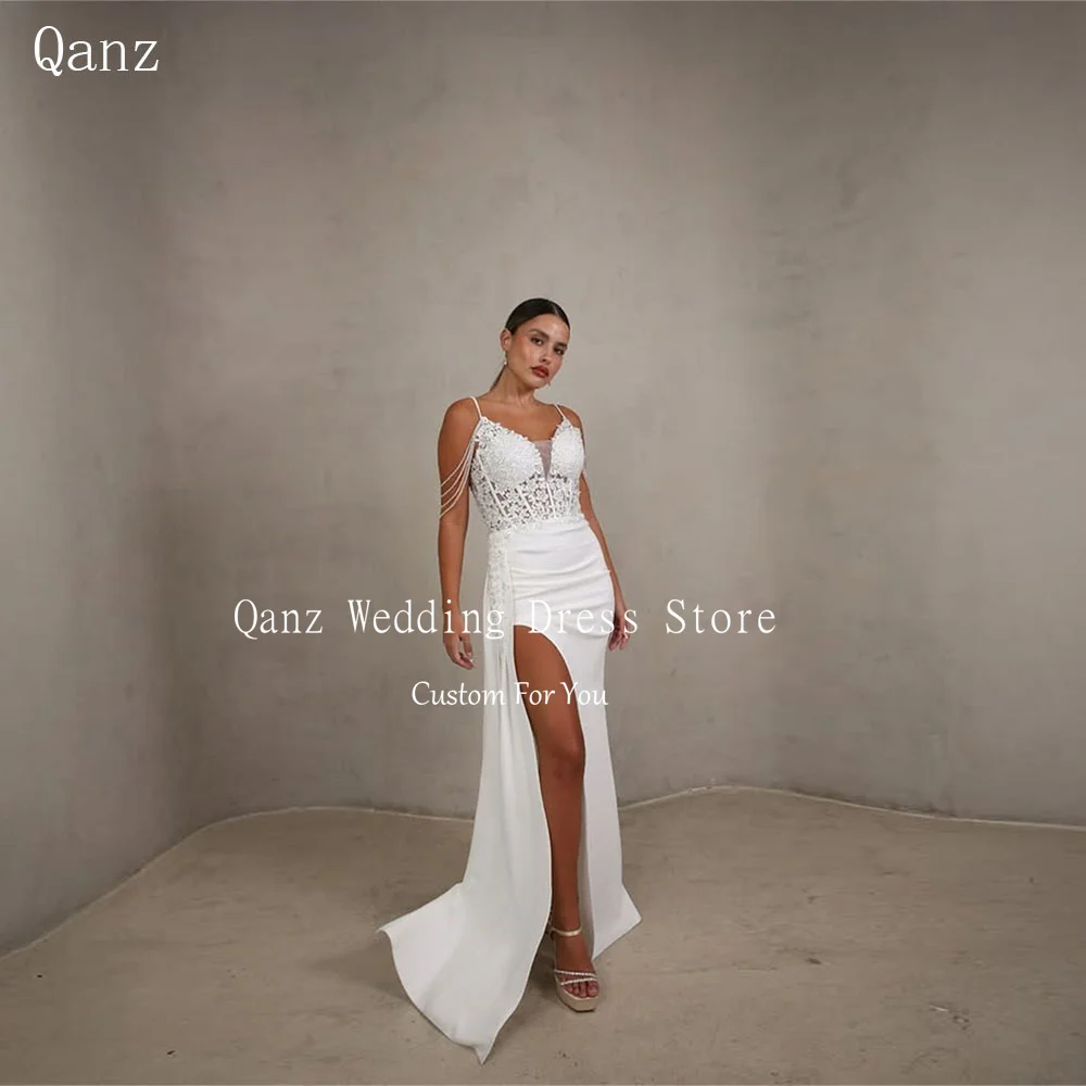 

Qanz White Wedding Dress Mermaid Spaghetti Traps Appliques High Slit Satin Women Vestidos De Fiesta Elegantes Customized