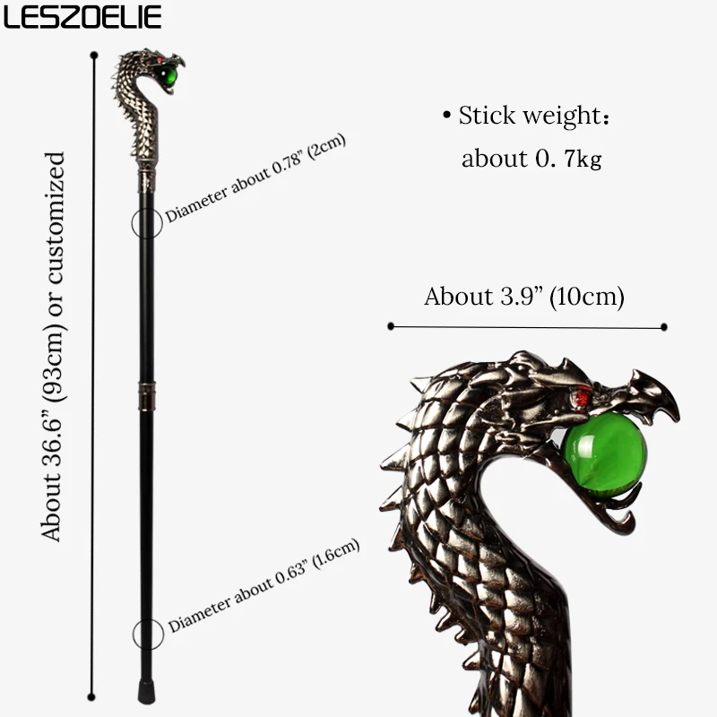 عصا المشي الرجالية الفاخرة برأس التنين الفضي مع كرة كريستال خضراء زمردية للنساء لحفلات الهالوين العصرية #3