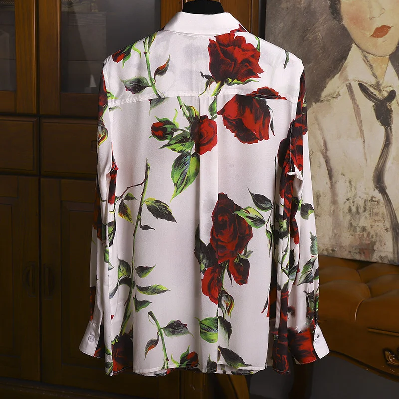 FANIECES 4XL-S Women Shirt Vintage Red Rose Flower Print Blouses Spring Long Sleeve Lapel Chiffon Shirts Office Ladies Workwear