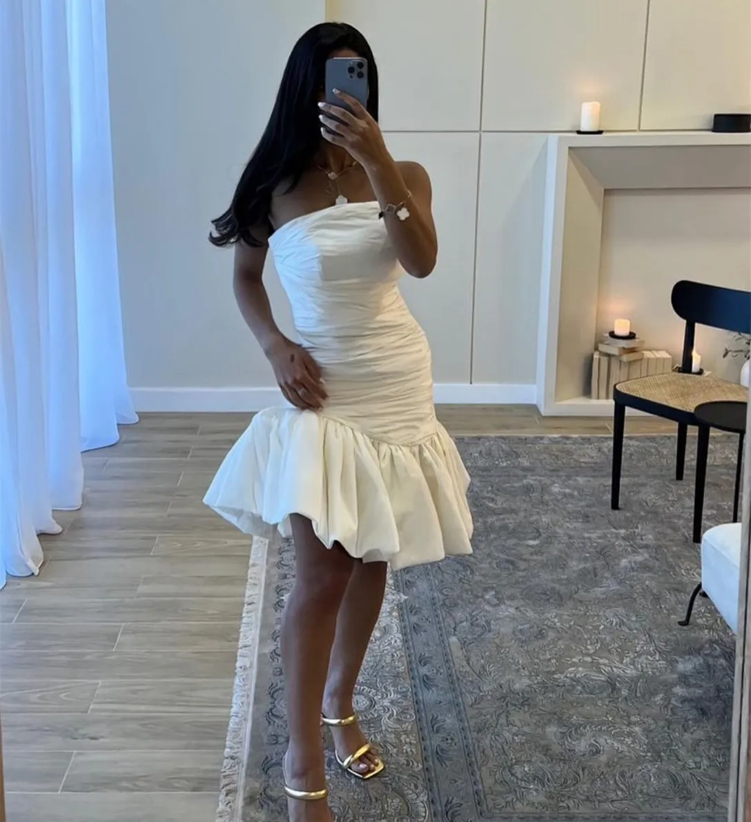 

Customized Short Strapless Evening Dresses with Ruffles Taffeta Pleated Mermaid حزب اللباس Knee Length Prom Dresses for Women