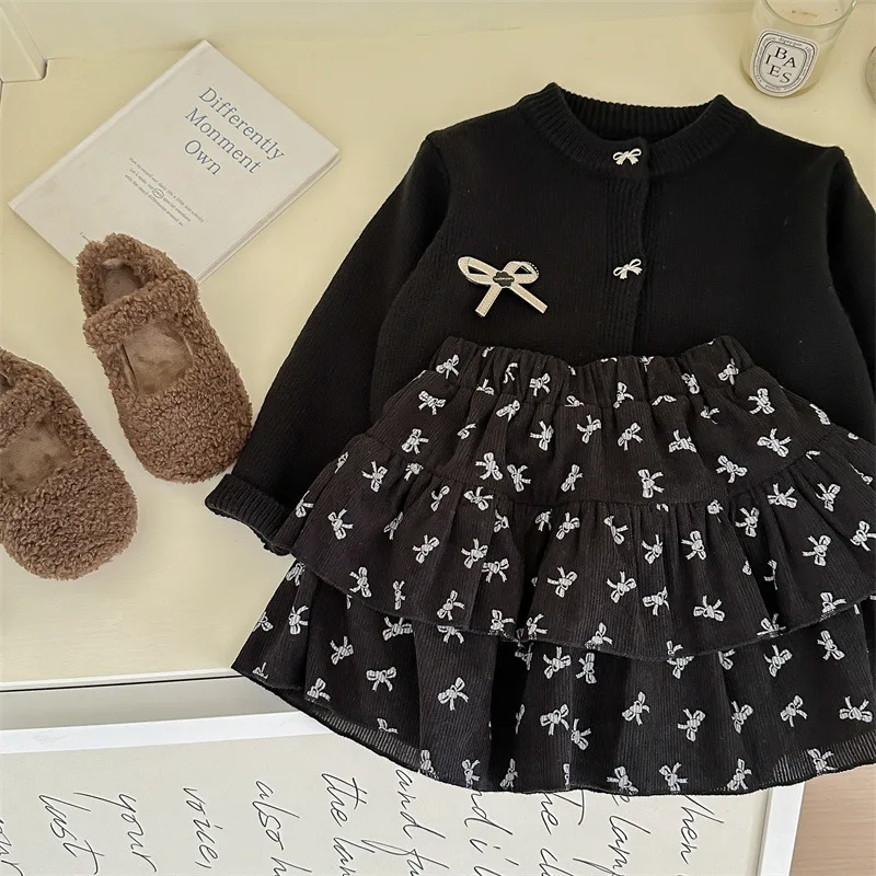 

Girl's Sweet Princess Sets Children Spring Autumn Baby Infants Knitting Sweater Cardigan+Bow Skirt 2Pcs Suit
