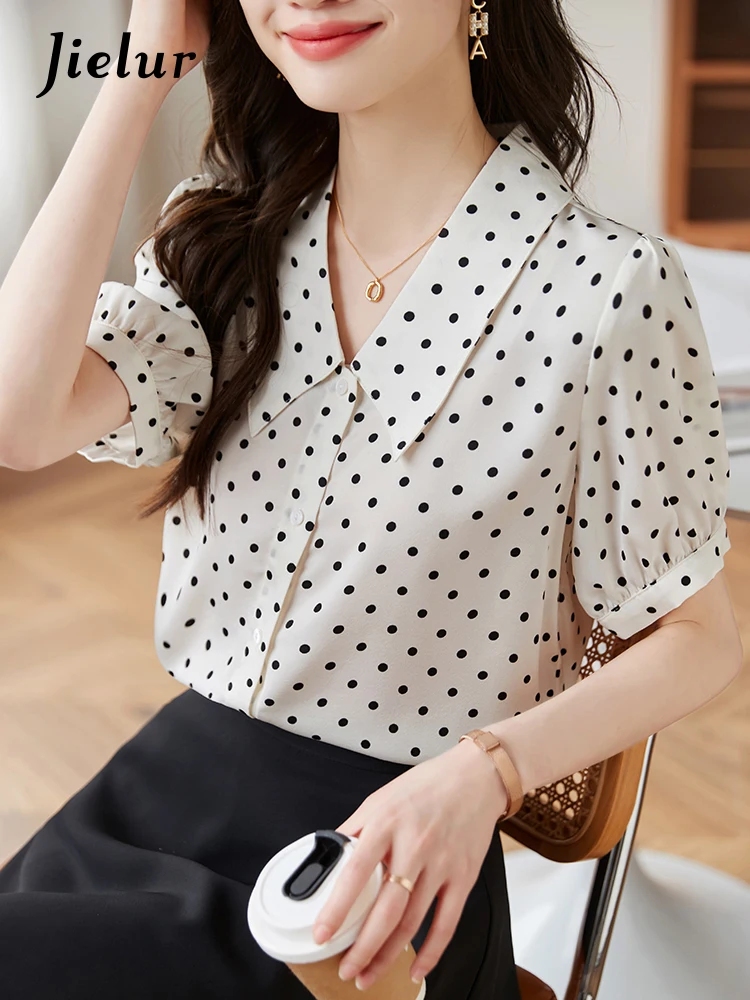 

Jielur Dot Peter Pan Collar Casual Women's Shirts Summer New Elegant Puff Sleeve Female Tops Vintage Fashion Button Woman Shirt