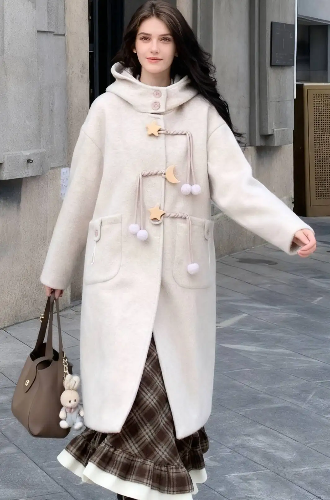 

Wool Blend Coats Womens Woolen Coat Print Fall Double-Breasted Stand-Up Collar Elegant Mature French Style Office Lady Overcoats