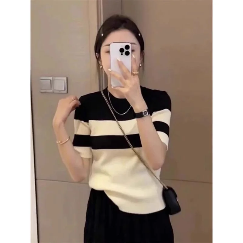 

plus Size Women's Striped Patchwork Color Blo ort Sve T-irt Loose Fit Summer Korean Sle Versatile f Sve Top