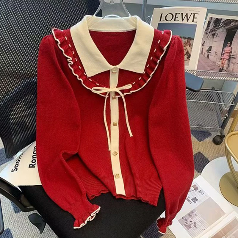 Otoño Invierno mujer suéter moda volantes manga larga arco solo pecho suelto básico suéter rojo Navidad