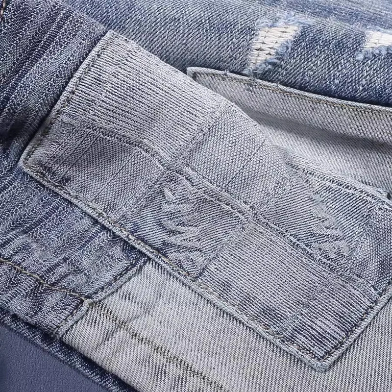 Street Fashion Men Jeans Summer Retro Blue Stretch Slim Fit Ripped Short Jeans Hombre Patched Designer Hip Hop Denim Shorts Men