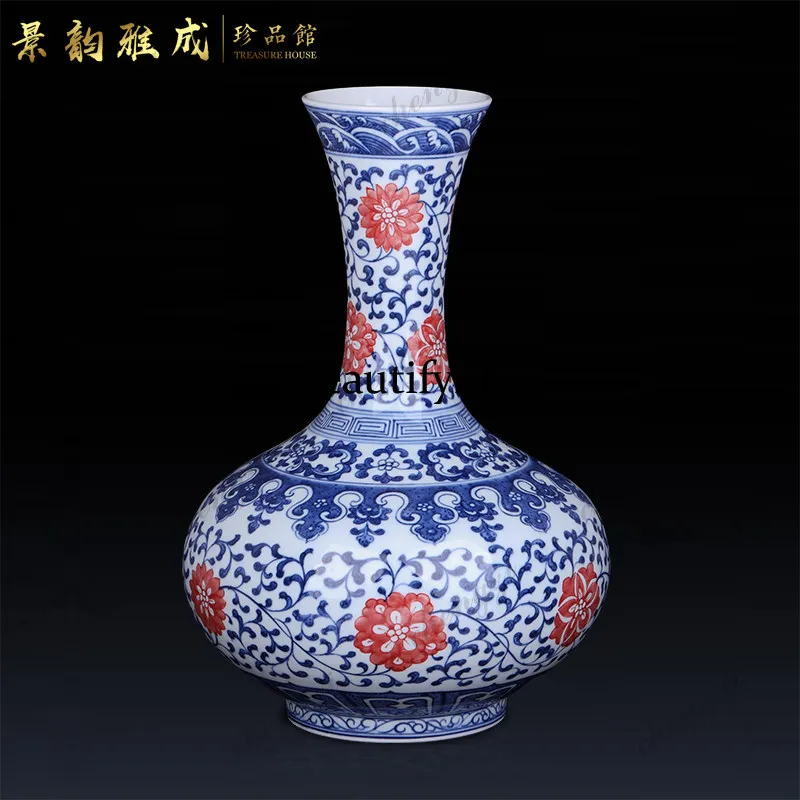 Jingdezhen ceramic blue and white porcelain hand-painted vase porcelain retro living room Chinese underglaze red antique