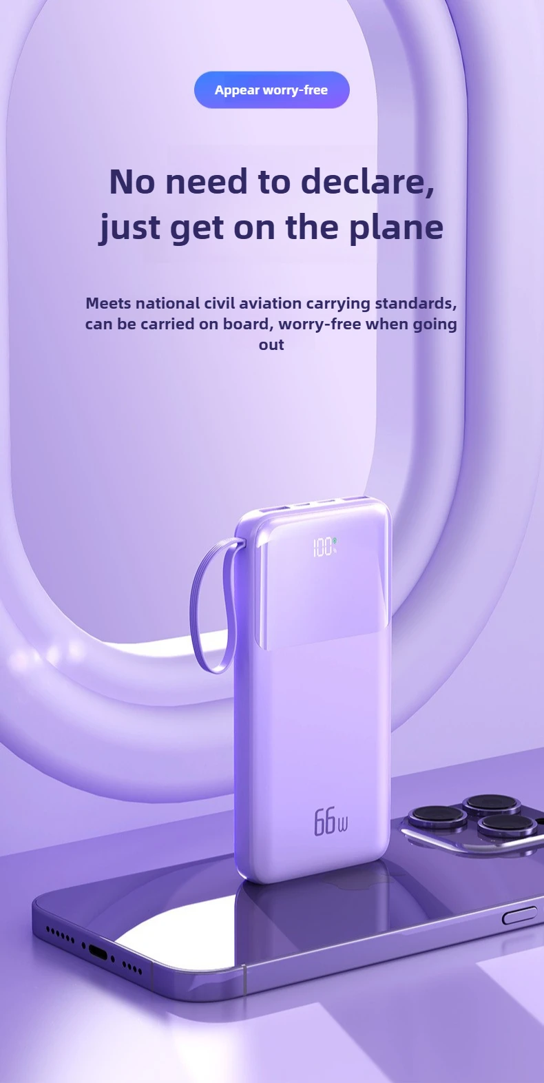 10000mAh Mobile Power Bank Cabos embutidos 66W Carregamento super rápido para iPhone para Xiaomi para Huawei para Samsung para IPad