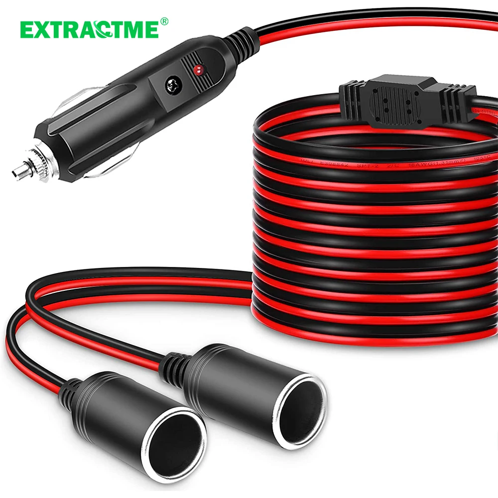 Extractme 1.8M Cigarette Lighter Extension Cord Cable 16AWG UL Wire 2-Way Car Splitter Adapter Power Charger Port with 15A Fuse