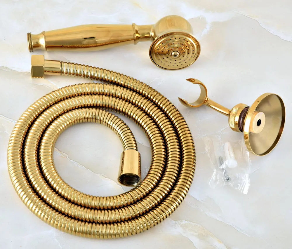 Polished Gold Color Brass Bathroom Hand Held Shower Head & Wall Holder Bracket & 1.5M Shower Hose Set Dhh044