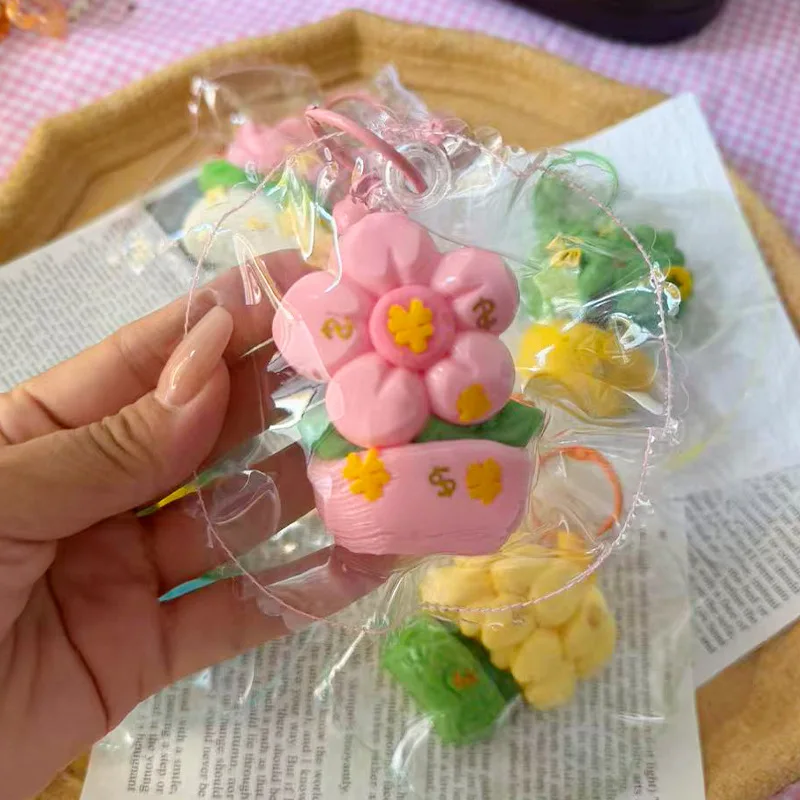 Potted Flower Squishy Keychain Cute Mini Slow Rising Squeeze Fidget Toy Stress Relief Bag Pendant Party Gift