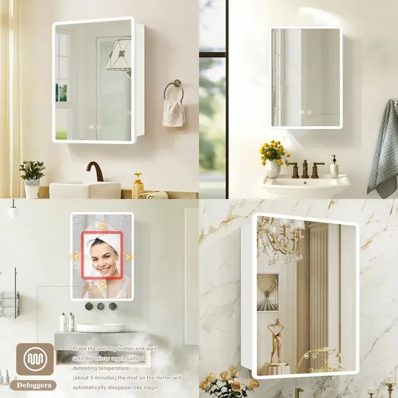 Modern Single Door Rectangular Steel Bathroom LED Mirror Medicine Cabinet Slim Minimalist Wall Mounted with Defogging
