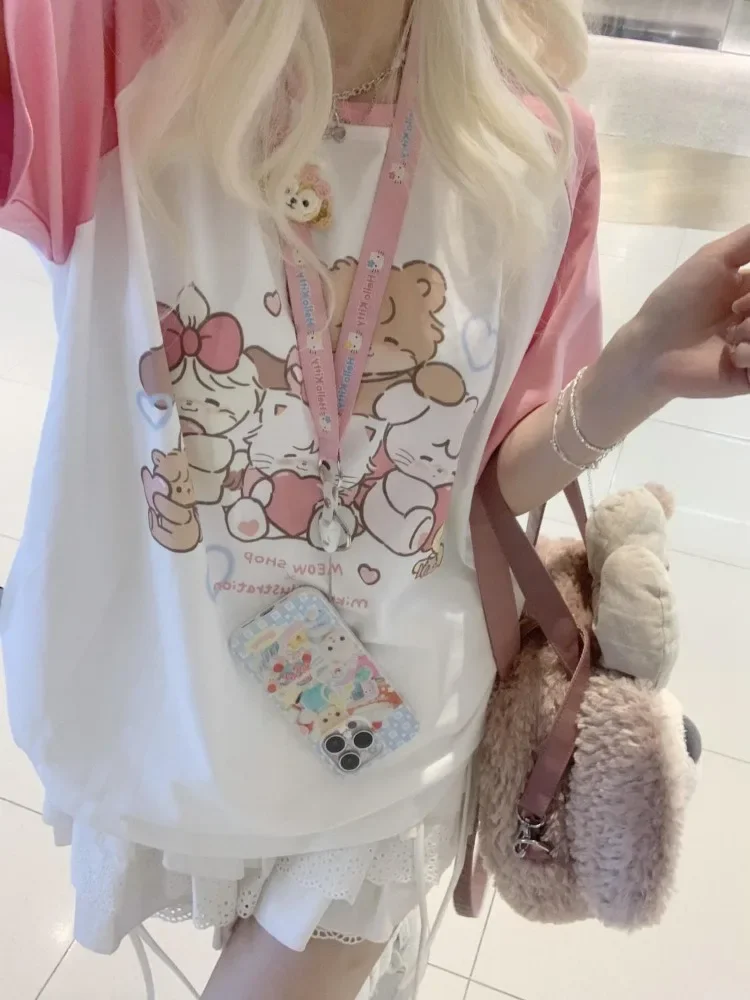 HOUZHOU Kawaii pot patchworkowe koszulki damskie japońska moda styl Preppy Y2k Harajuku nadruk kreskówkowy luźne t-shirty miękki Gril 2023