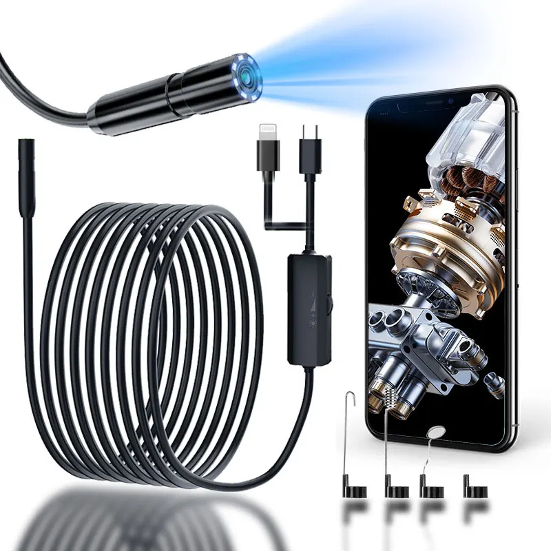 

Эндоскопическая камера 8 мм для iPhone, iPad, iOS и Android Type-C с LED-подсветкой, IP67, бороскоп для промышленной инспекции с полужестким корпусом