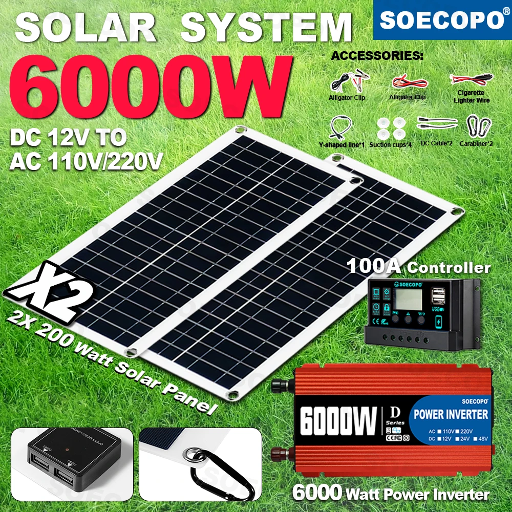 

SOECOPO Emergency Use 6000W Peak Off Grid Kit 2x200W Solar Panel 100A Controller Inverter Generator for Fishing party beach home