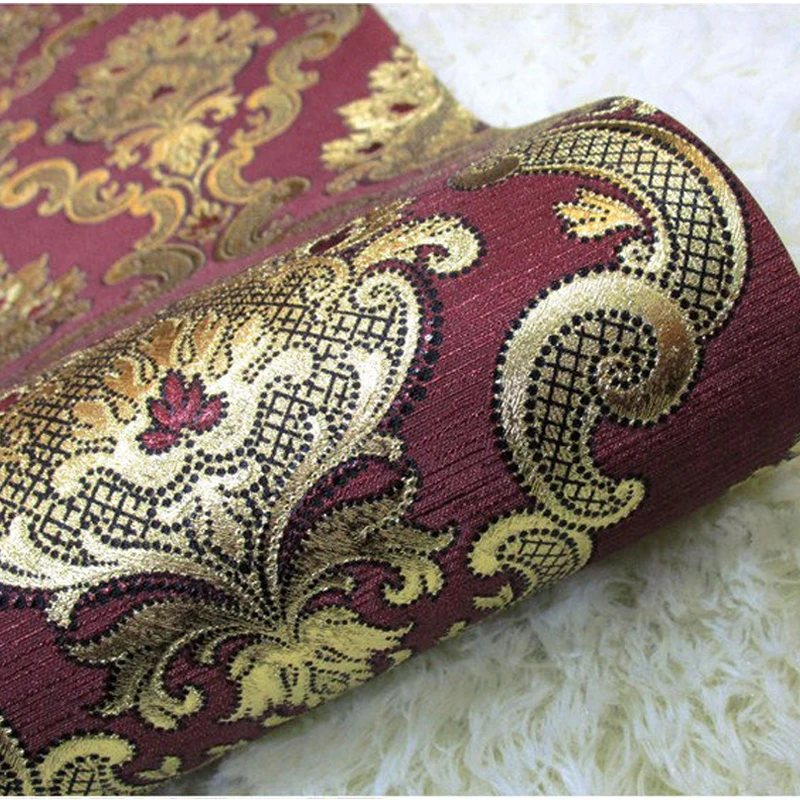 Classic Burgundy Damask Wallpaper 3D Luxury Metallic Gold Baroque Floral Wallcovering for Living Room Bedroom Home Decor