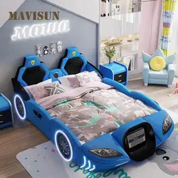 Cama infantil de madeira maciça multicolorida com guardrail, mobília de quarto fofa, em forma de carro, cama infantil linda para meninos e meninas