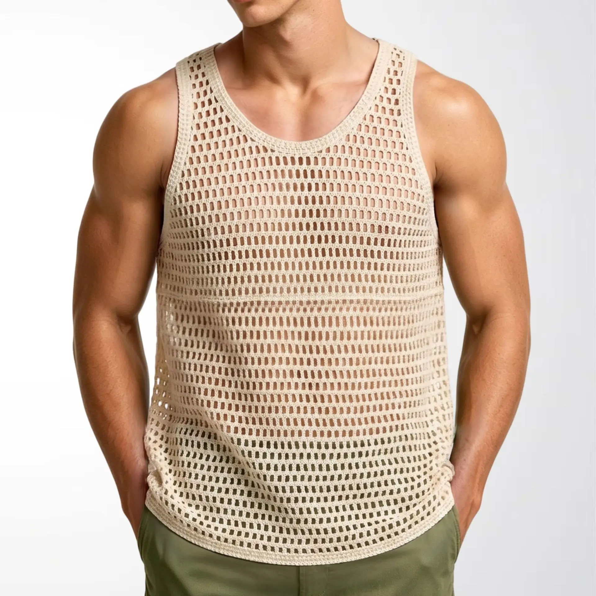 New Casual Hollow Out Knit Tank Tops Men Summer Stylish Contrast Color Crochet Knitting Camisoles Mens Vintage Sleeveless Vest