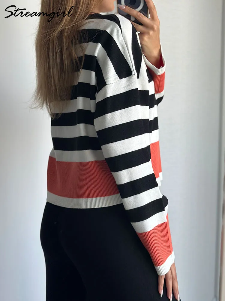 Autumn Winter Oversized Striped Sweaters For Women Loose Jumpers O Neck Knitted Tops Ladies Office Women Sweaters Orange 2024