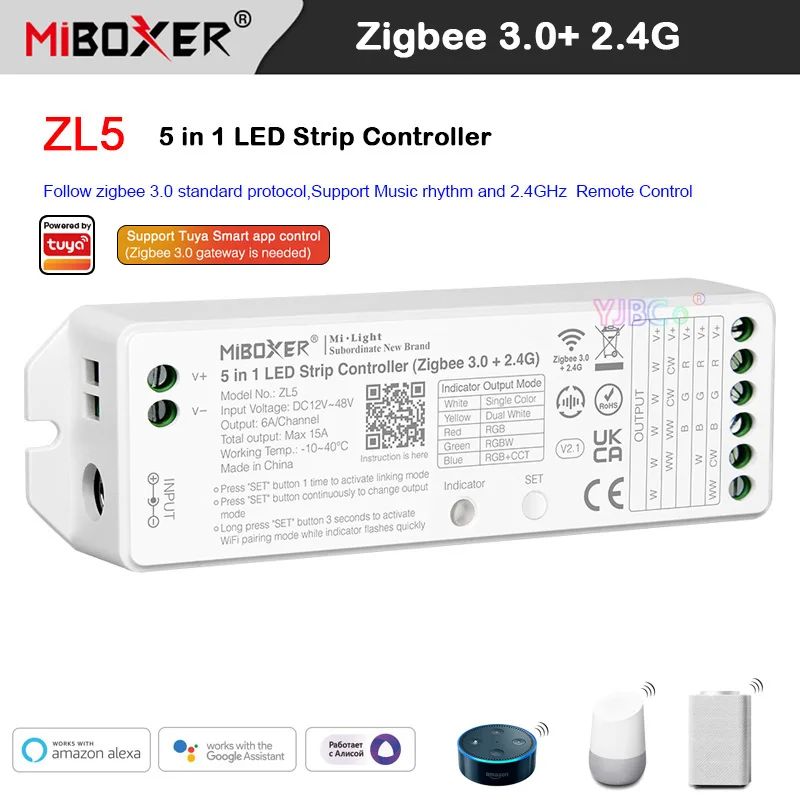 

Miboxer 2.4G RF/Zigbee 3.0 Remote control ZL5 12V 24V Single color/Dual white/RGB/RGBW/RGBCCT 5 in 1 LED Strip light Controller