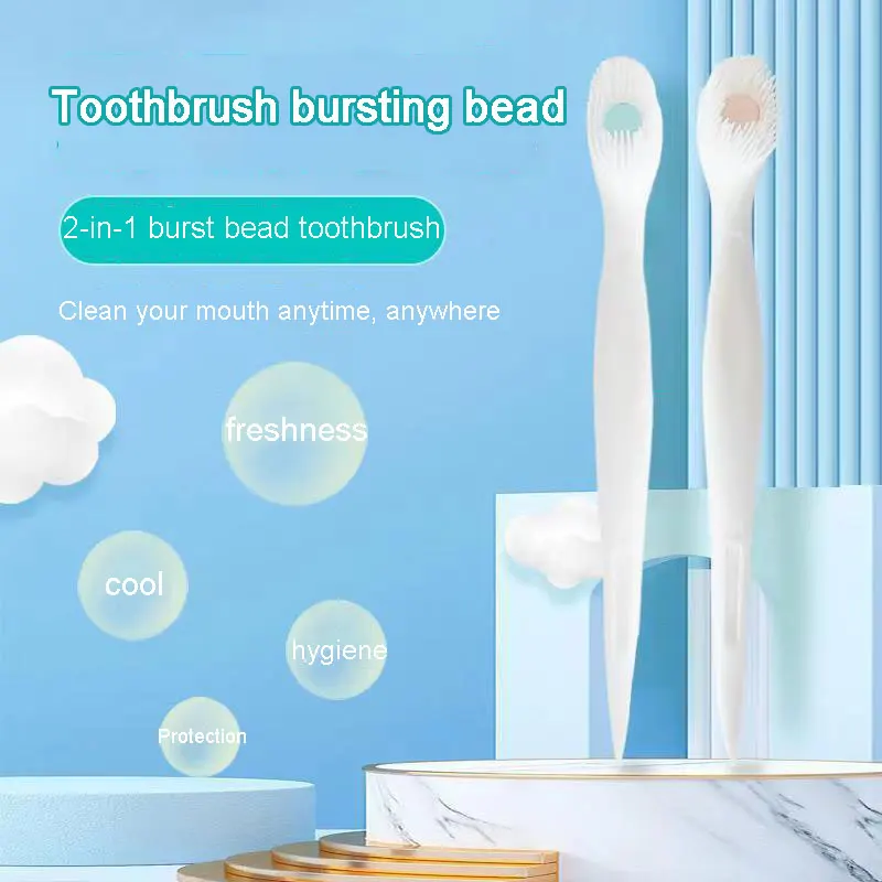 Disposable Toothbrush with Toothpick Toothpaste Mint Peach Flavor Mini Exploded Bead Tooth Brushes for Adult Oral Cleaning