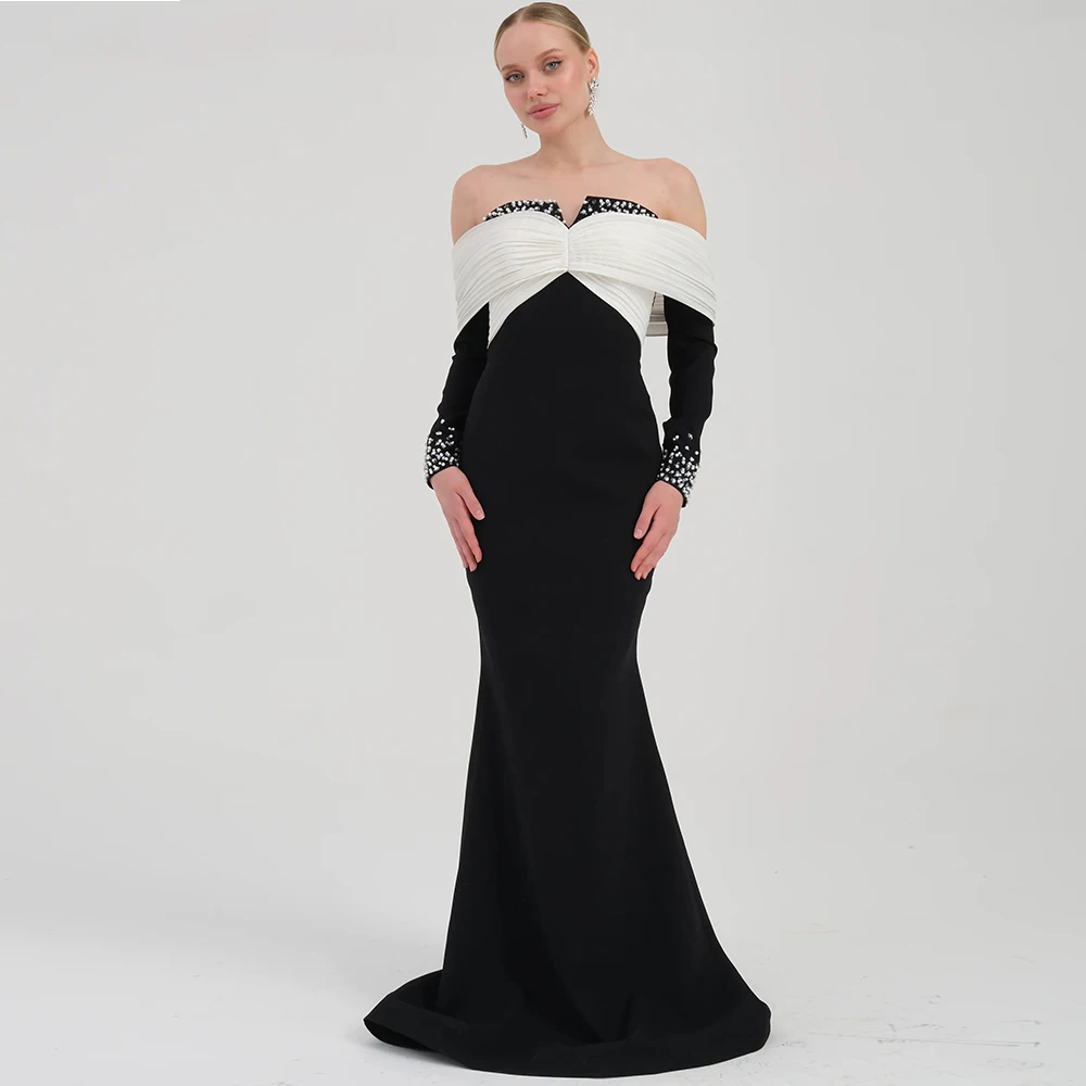 

Customized Strapless Evening Dresses with Beads Luxury Off Shoulder Party Dress for Women Black and White Cocktail Gowns 2026