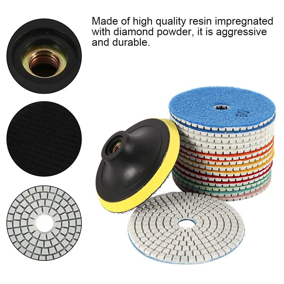 A38M 15Pcs Diamond Polishing Pads Kit 4 Inch 100mm Wet/Dry for Granite Stone Concrete Marble Polishing Use Grinding Discs Set