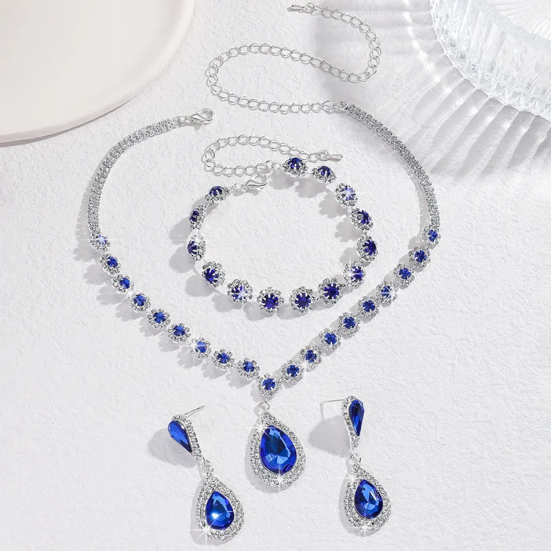 Middle Eastern Jewelry Hot Sale Necklace Earrings Bracelet Three-Piece Set Full Diamond Flower Bride Jewelry Set Dress Accessori