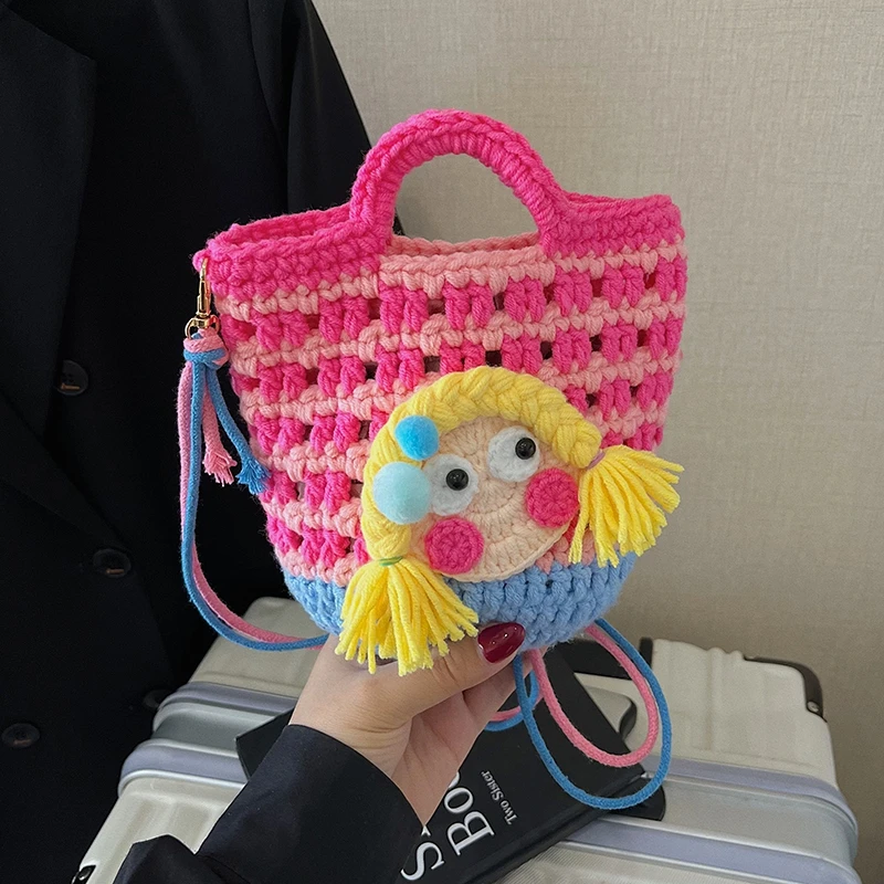 Knitted Handbag 2026 New Design Crochet Mini Crossbody Bag Cute Cartoon Girl Pattern Contrasting Colors Lightweight Handbag