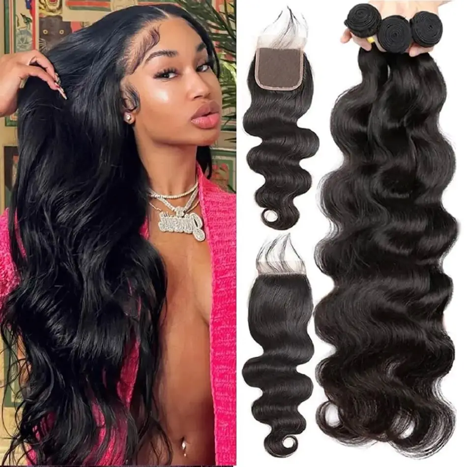 Brazilian Body Wave 3 Bundles With 4x4 Closure 100% Human Hair Bundles With Lace Closure Virgin Hair Weave Extension For Women