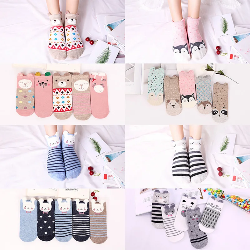 

5 Pairs Soft Cotton Women Socks Female Casual Boat 3D Pack Cartoon Harajuku Animal Cute Funny Girls Short Ankle Socks Sox Meias
