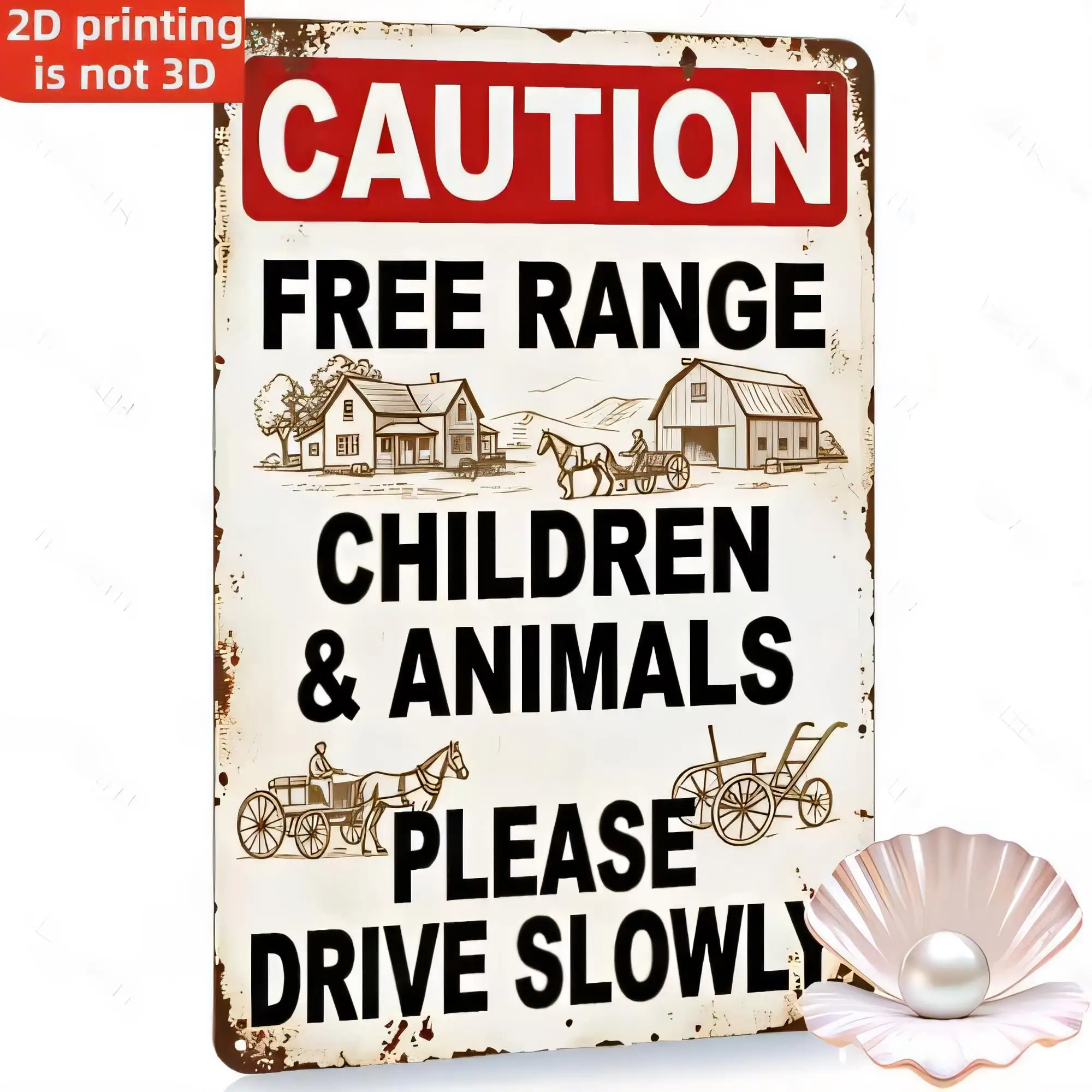 Tin Sign Caution Free Range Children & Animals Please Drive Slowly Vintage Metal Sign Wall Decor Retro Farmhouse Hanging Plaque