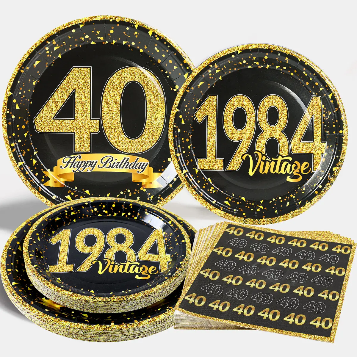 40th Black Gold Birthday Disposable Tableware Paper Plate Towels 40 Birthday Party Decoration 40th Birthday Birthday Anniversary