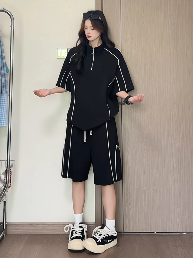 

Black Half Zipper Stand Collar Short Sleeve Casual Shorts Set for Men Cool Stylish High-End Feeling Two-Piece Polyester Fiber