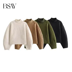 TRAF Women Fashion Autumn Winter 2024 New Loose Solid Color Long Sleeved Stand Collar Pullover Top Chic Female Sweatshirt