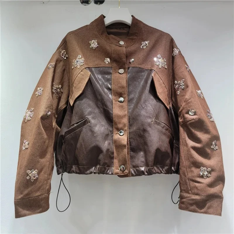 

Brown Patchwork Jacket - Embroidered Bear Detail & Mixed-Material Design, Retro Vintage Outerwear for Stylish Daily Wear