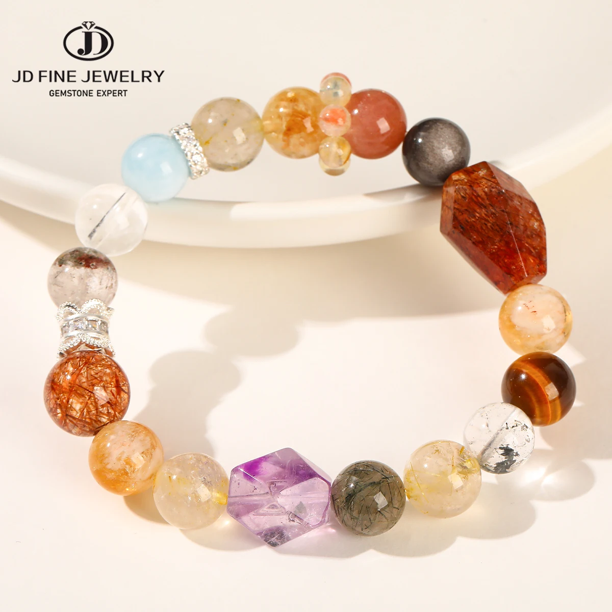 JD Natural Mixed Rutilated Quartz Bead Wealth Lucky Bracelets for Women Genuine Gems Crystal Stone Stretch Bangles Healing Gift