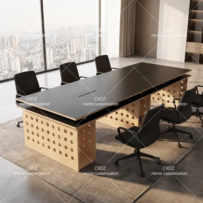 Modern Simple Solid Wood Rectangular Conference Table with Storage Hole Multi Functional Long Desk for Office Meeting