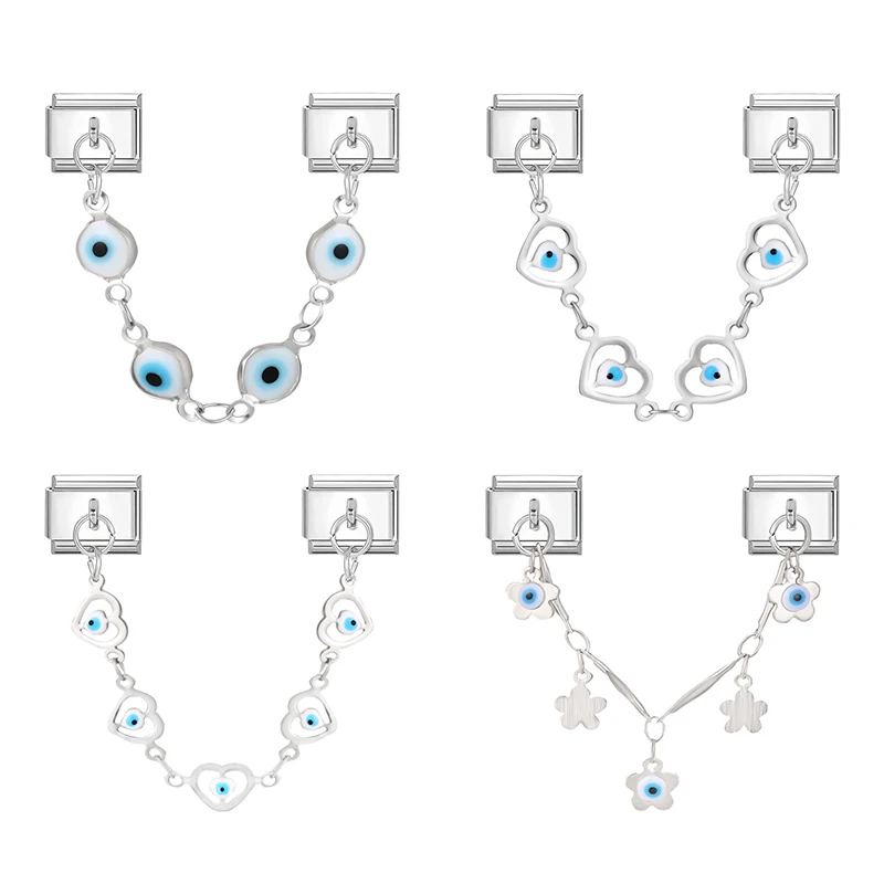 

Vintage Heart Blue Devil Eyes Tassel Chain Italian Charm Link Fit 9mm Bracelet Stainless Steel Men Women DIY making Gift