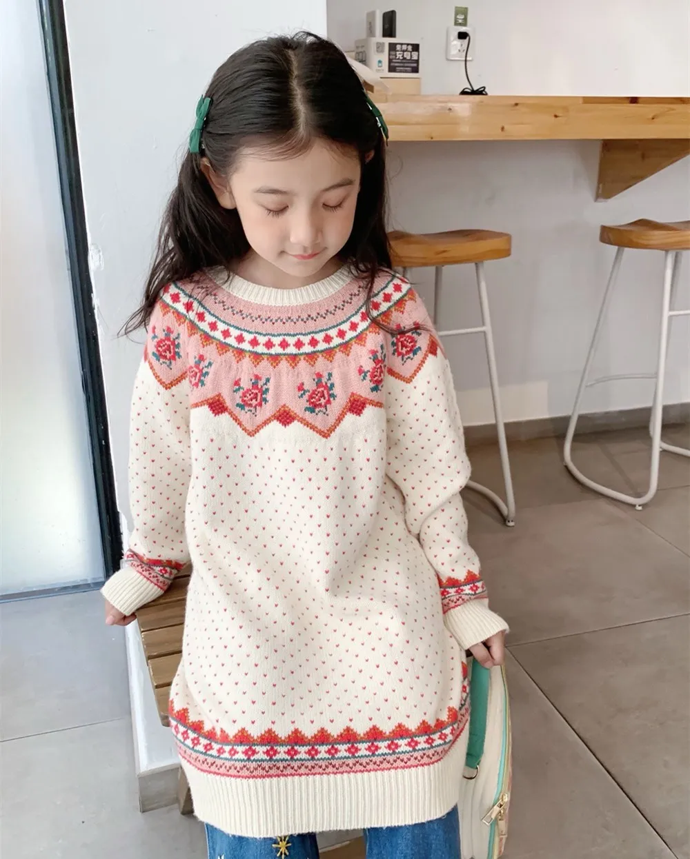 winter kids girls clothes baby sweaters warm soft dress British style retro patterned girls' knitted sweater dress