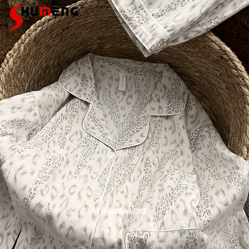 

Leopard Print Pajamas for Women Spring Autumn Ins Long Sleeve Pure Cotton Loungewear Female Loose High End Homewear Suits