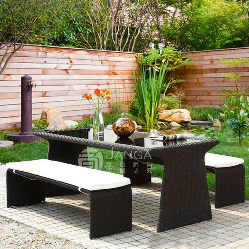 Outdoor villa courtyard table and chair garden balcony rattan long rattan triangle set waterproof sunscreen storage tea