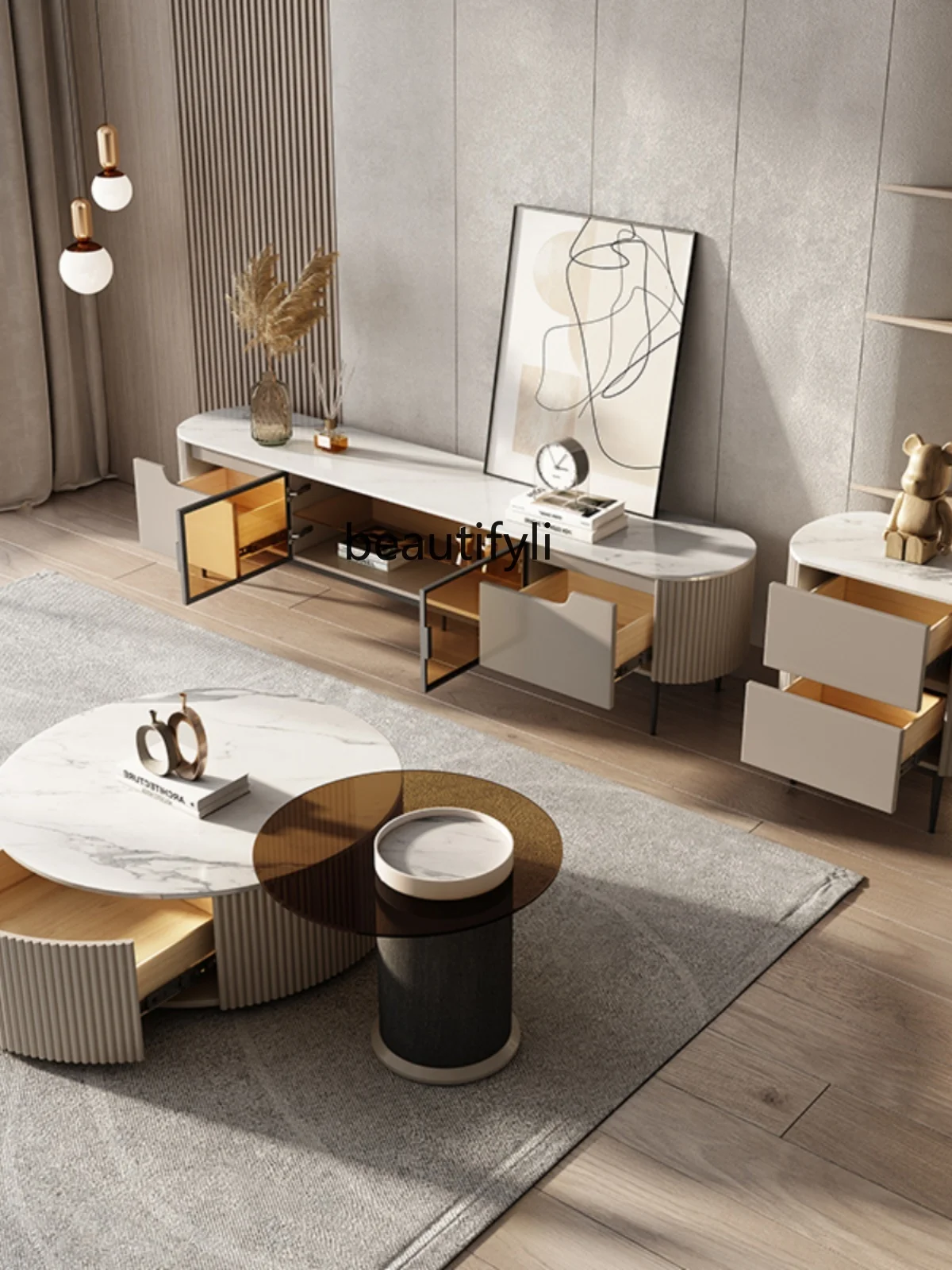 Modern Simple Coffee Table TV Cabinet Unit Italian Minimalist Stone Plate Size Circle and Creative