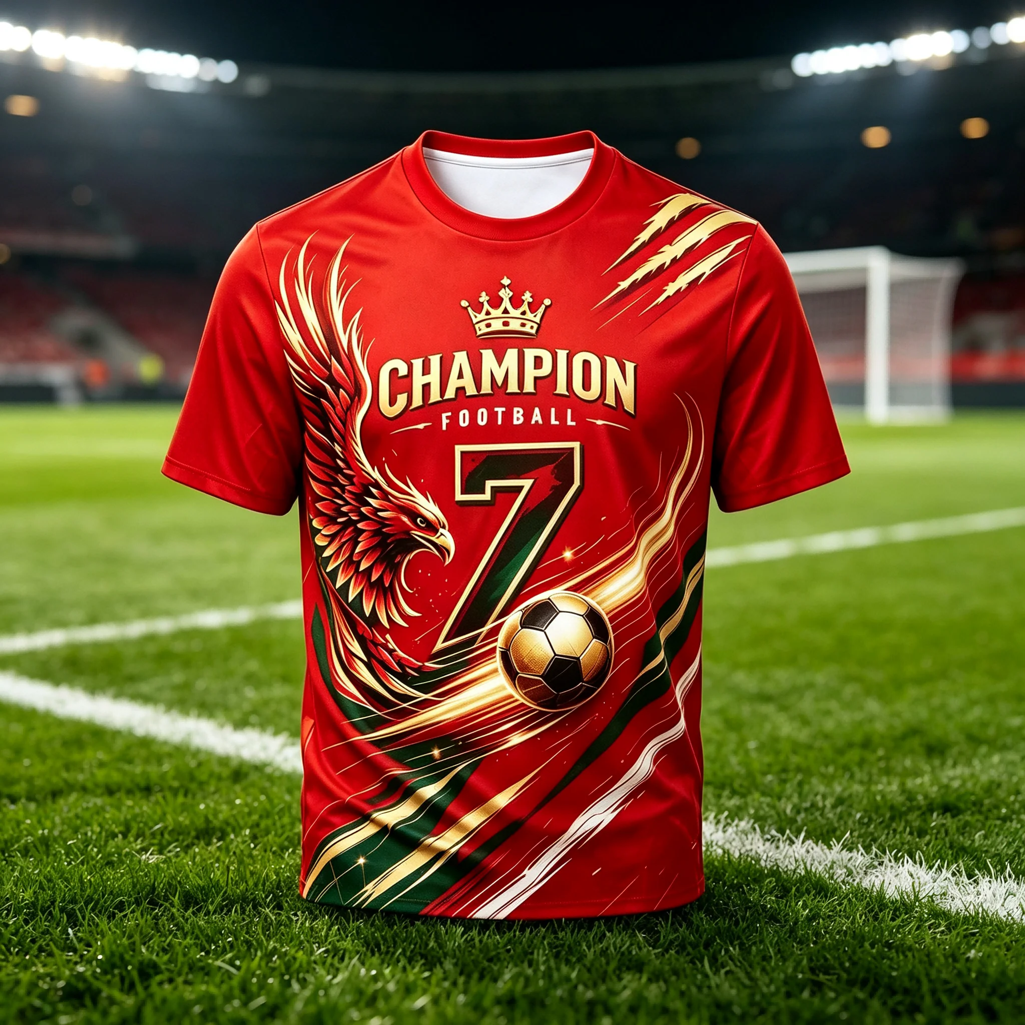 No.7 Champion Souvenir Fan Sports Jersey Red‑Base Gold‑Green Stream Design Bold Eagle Print Multi‑Color Unisex Top