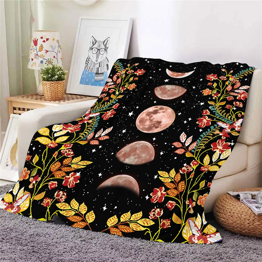 HX Fashion Flannel Blanket Plant Leaf Flowers Moon Meteor 3D Printed Throw Blanket for Beds Keep Warm Plush Quilts 5 Size