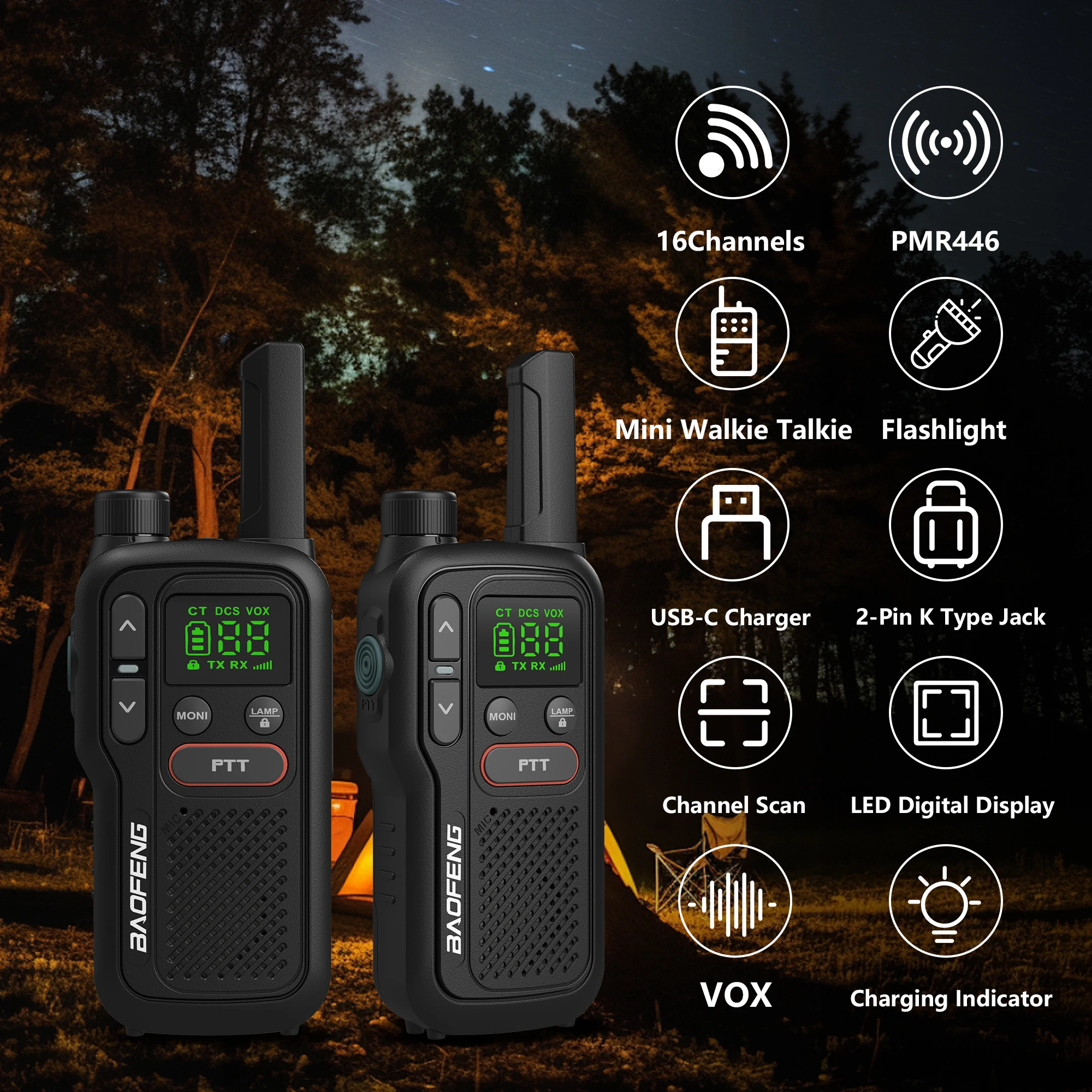 Baofeng BF-T18 PMR446 جهاز اتصال لاسلكي صغير 446 ميجا هرتز محمول اتجاهين أجهزة الراديو مصباح يدوي 16 قنوات مزدوجة PTT T18 للصيد التنزه