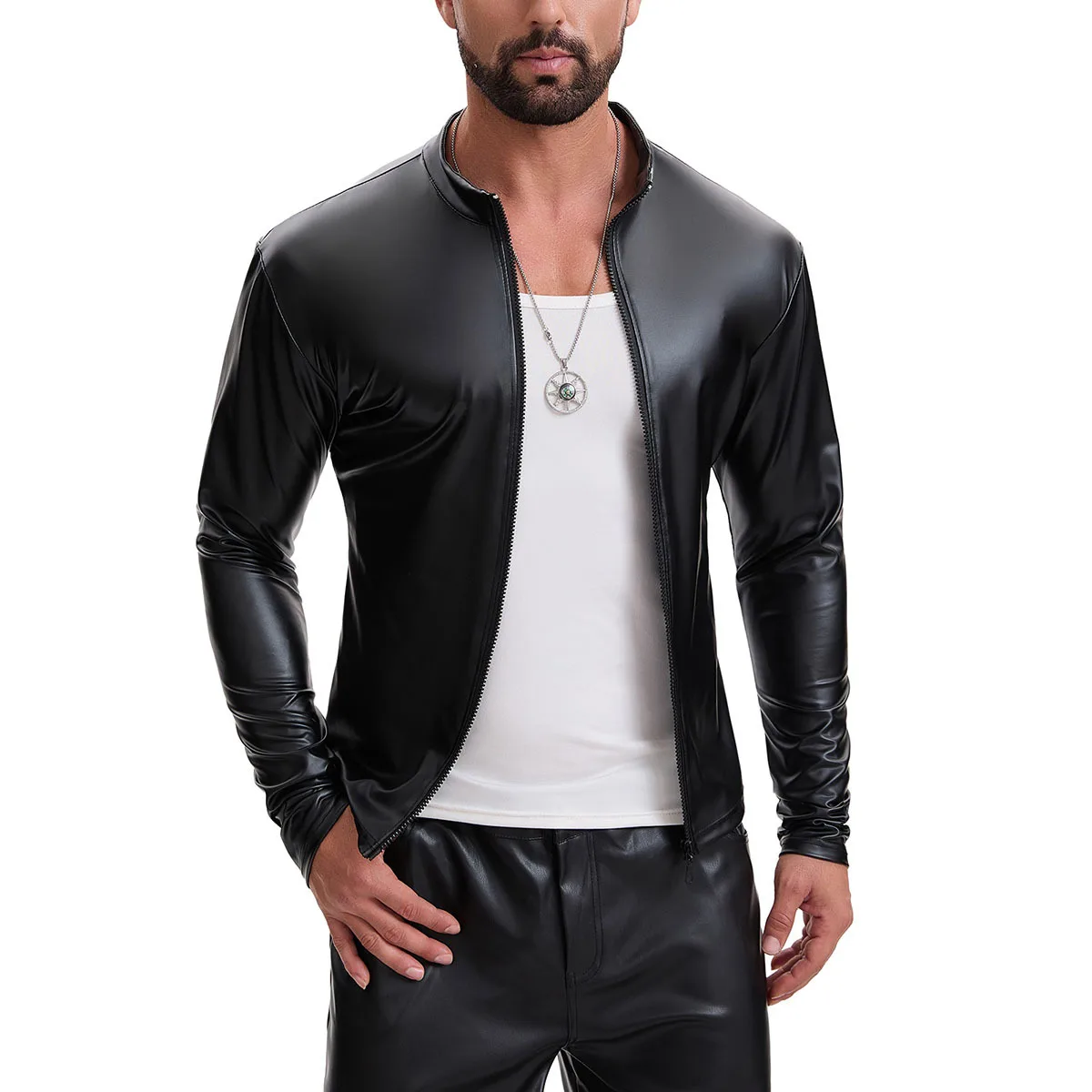 European And American Men's Matte Leather Jacket Full Zipper Slim-fitting Long-sleeved Locomotive Jacket Stand-up Collar Casual