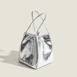 Silver bucket bag for women 2024 new fashionable and simple lunch box bag, niche western-style texture hand-held small bag