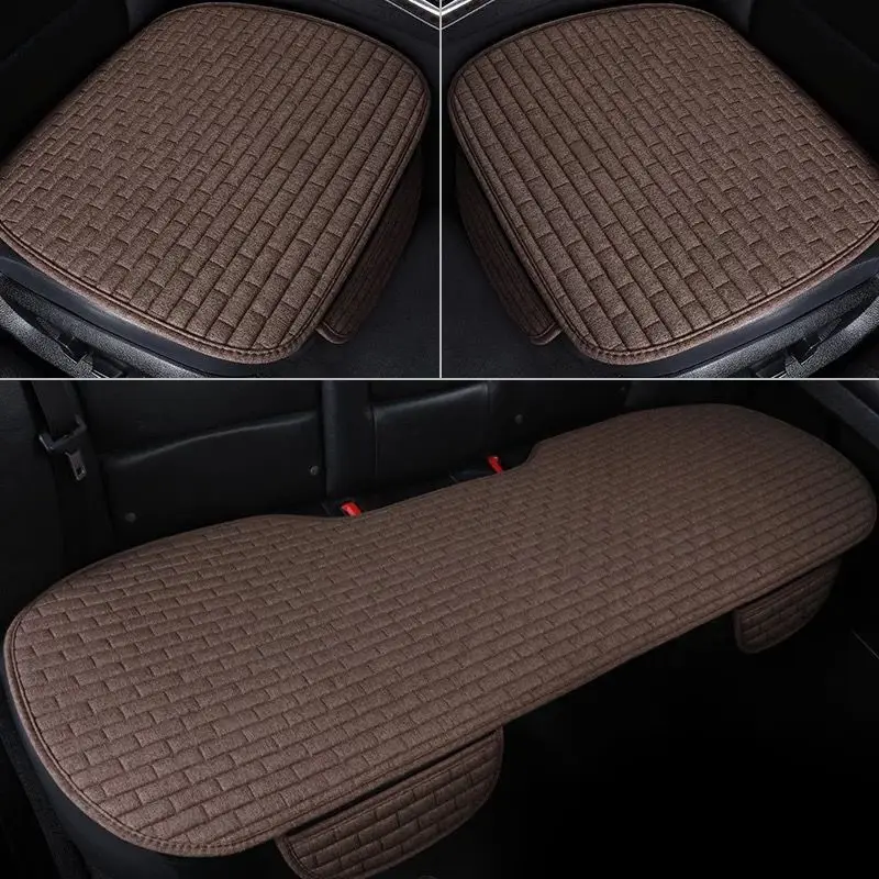 Summer Cool Breathable Linen Car Seat Cushion 3PCS Vertical Strip Quilted Anti Slip No Binding Easy Install Front Rear Seat Prot